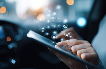 Close-up of hands using a tablet, overlaid with abstract digital icons.  Blurred city lights and car interior visible in background.  Focus on interaction with the device