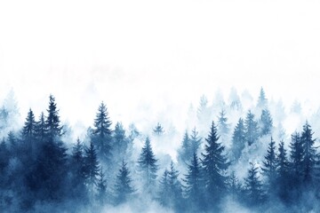 Watercolor painting representing a foggy forest of fir trees, creating a cold, wintery, and mysterious atmosphere