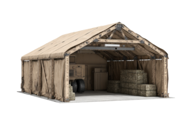 Military Field Garage Tent with Equipment on Transparent Background
