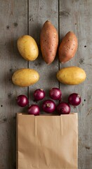 Fresh Potatoes and Onions with a Paper Grocery Bag
