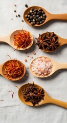 Spices and Ingredients on Wooden Spoons