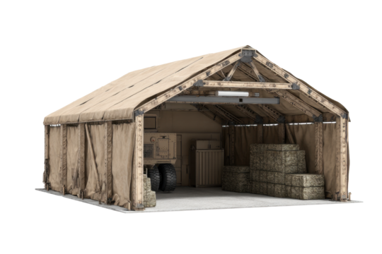 Military Field Garage Tent with Equipment on Transparent Background