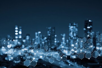 Night cityscape overlaid with interconnected hexagons