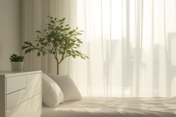 White bedroom with sheer curtains letting the sunlight through, illuminating a small tree and a bed