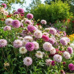 Obraz premium Colorful dahlia blooms in a garden bed