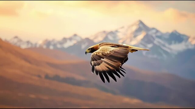 A majestic eagle soars over a sunlit mountain landscape at sunset.