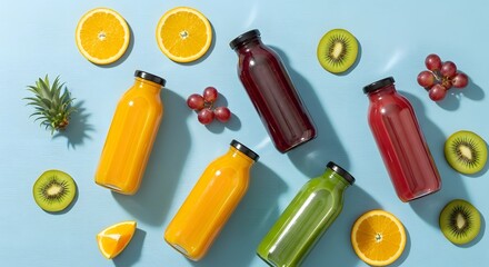  Colorful Fresh Fruit Juice Bottles with Sliced Fruits