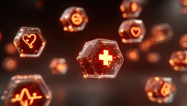 Floating hexagonal medical icons, glowing orange-red - Powered by Adobe