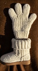 Hand-Knitted Mittens and Boot on a Brown Background