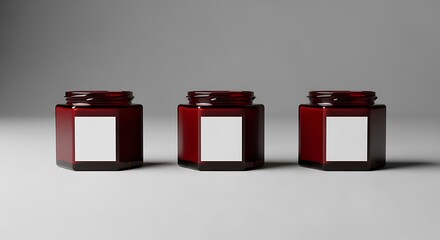 Three Burgundy Hexagonal Jars with Blank Labels.