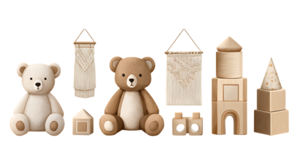 Collection of charming children s toys including teddy bears and wooden blocks isolated on transparent background