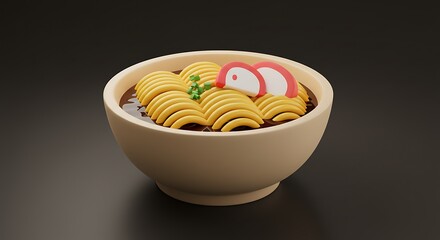 Whimsical 3D Render of a Bowl of Ramen Noodles with Fish Cakes and Green Onions