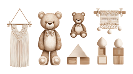Charming watercolor collection of teddy bears and boho nursery decor elements isolated on transparent background