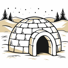 Igloo surrounded by snow-covered mountains in a winter landscape  