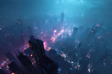 Aerial view of a futuristic city at night, bathed in a vibrant, otherworldly glow.  