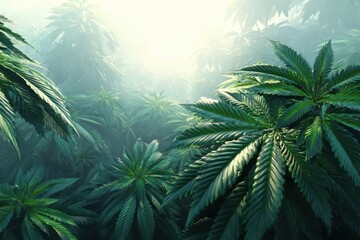 Obraz premium Lush green cannabis plants growing in a dense field under soft, hazy sunlight, creating a serene and abundant natural scene in an agricultural setting, close up.
