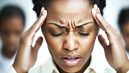 Woman with headache expressing discomfort and stress in a sequence of three closeup frames