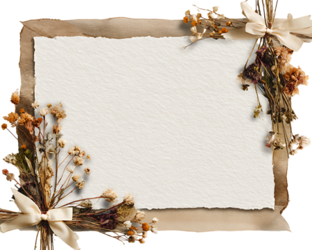 Rustic dried flower border frame with blank paper for text isolated on transparent background