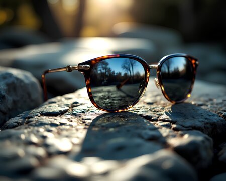 Stylish tortoise-shell sunglasses on rocks, with a beautiful sunset landscape reflected in the lenses. A concept of travel, adventure, and summer style.