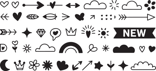 A Whimsical Collection of Hand-Drawn Icons: Featuring Hearts, Arrows, Stars, and Other Doodles for Creative Design Projects