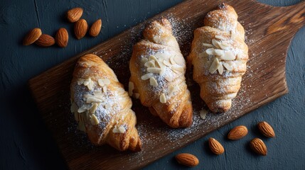 vibrant top view of almond croissants on wooden board with almond flakes and powdered sugar