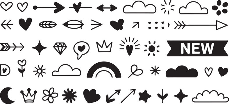 A Whimsical Collection of Hand-Drawn Icons: Featuring Hearts, Arrows, Stars, and Other Doodles for Creative Design Projects