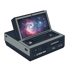 Obraz premium Retro Pixel Art VCR with Galaxy Screen Display Old Technology Space Theme