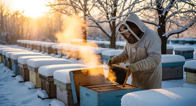 Beekeeper Checks Beehives in Winter Snow.