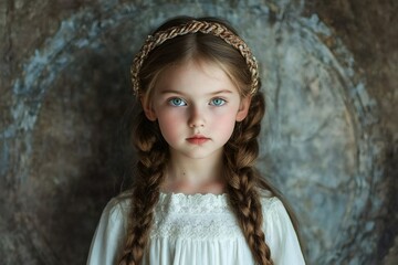 Studio portrait of charming young girl with braided hair and headband, conveying a sense of timeless beauty and innocence