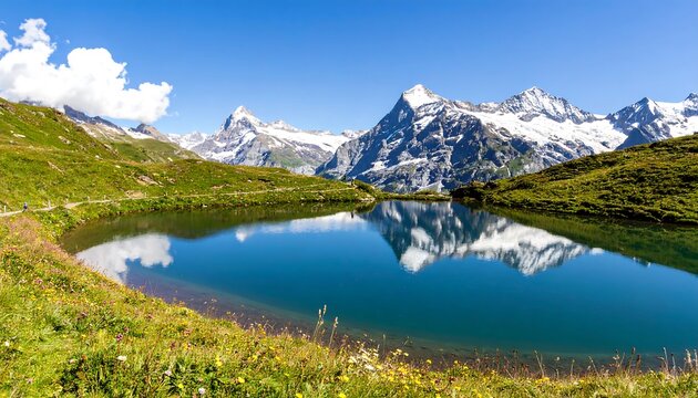 Serene alpine lake nestled amidst snow-capped peaks, showcasing a tranquil mountain scene.