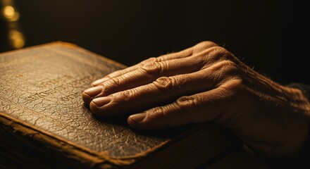 A hand on an aged book, an abstract background of timeless wisdom for people's business, technology, lifestyle, shaping travel, city, nature, and modern fashion