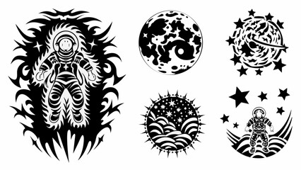 Collection of stylized black and white graphic designs featuring astronauts planets and stars