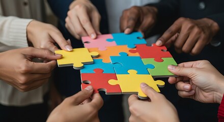 Diverse hands collaborating to connect puzzle pieces, fostering teamwork and problem-solving skills