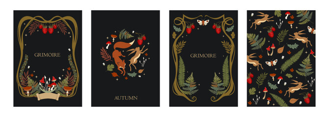 Magic Banner Set. Forest Green Design. Grimoire. Tarot Card Back. Vector cartoon illustration.