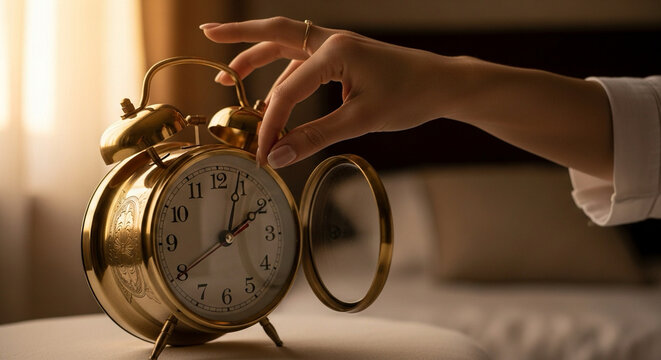 A person’s hand turning back the clock one hour.