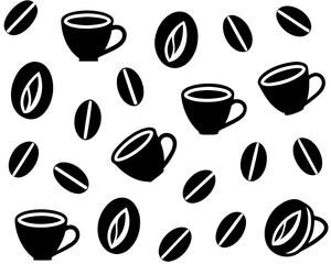 Scattered black silhouette coffee cups and beans on a clean white background pattern
