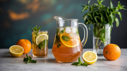 Fototapeta premium A professional food photography shot of a refreshing citrus cocktail setup. In the center, a clear glass pitcher filled with orange-colored liquid, ice cubes, and fresh mint leaves.