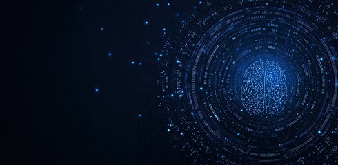 Obraz premium Abstract digital brain graphic. Dark blue background with a central image of a brain composed of glowing, interconnected points. 