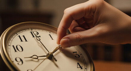 A person’s hand turning back the clock one hour.