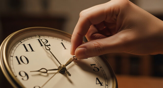 A person’s hand turning back the clock one hour.