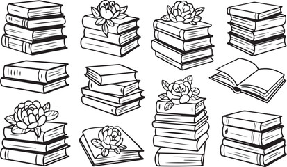 Hand-Drawn Stacks of Books: A Collection of Artistic Illustrations Symbolizing Literature, Knowledge, and Reading with Floral Accents