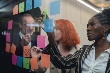 Diverse business team brainstorming ideas using sticky notes and digital tablet in modern office, teamwork and collaboration in creative planning session.