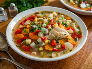 Vegetable soup with broad bean and chicken meat on wooden table