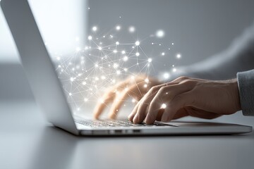 Close-up of hands typing on laptop, network graphic overlay