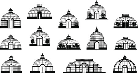 Glass greenhouse dome icon set, botanical conservatory buildings, garden architecture structures, eco plant house illustration, cad drawing flat vector illustration © Hanif World