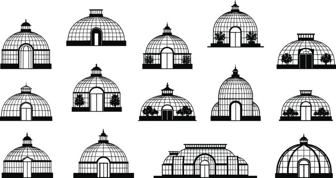 Glass greenhouse dome icon set, botanical conservatory buildings, garden architecture structures, eco plant house illustration, cad drawing flat vector illustration