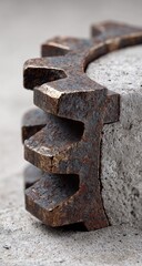 Close-up of a weathered brass gear resting on a concrete surface.  The gear teeth are detailed and show signs of rust.  The concrete backdrop is light gray