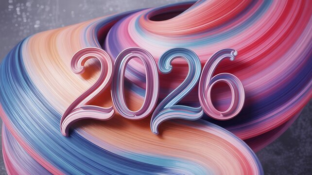 Celebrate the vibrant future with bold 3D '2026' numerals flowing over a dynamic, multicolored abstract ribbon creating an exciting modern design perfect for New Year or event themes