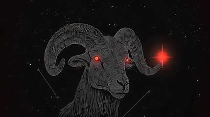 Aries’ ram represented as a simple black line drawing with a single red dot glowing as a star. 