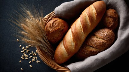 moody top view of bread basket with baguette, multigrain rolls, and scattered wheat grains